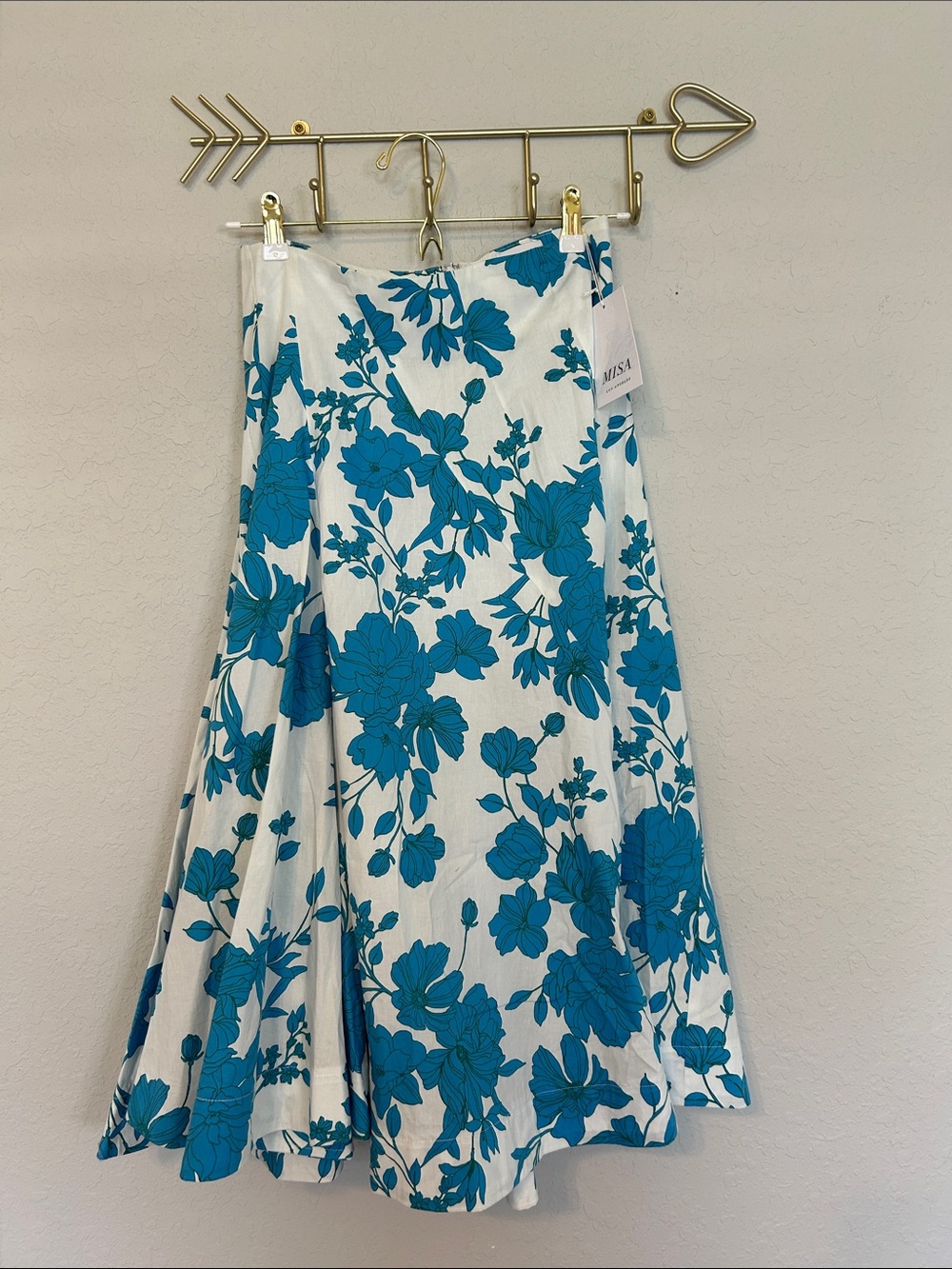 MISA Los Angeles Floral Midi Skirt Blue White A Line Resort NWT